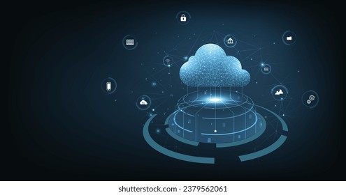Cloud computing concept. Cloud storage with data protected exchange Cloud computing, big data center, on dark blue background. Cloud Technology illustration concept.