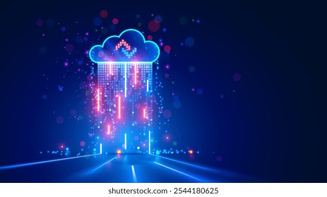 Cloud computing concept. Cloud storage. Digital internet technology. Database remote. Cloud technology. Data center. A digital cloud hangs above the surface and exchanges neon signals in form of rain.