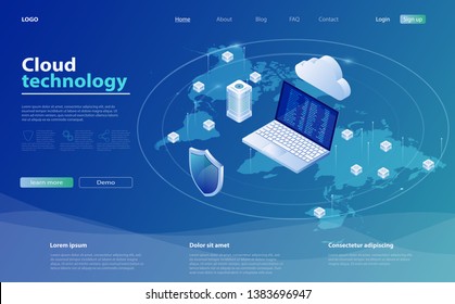 Cloud Computing Concept. Cloud storage isometric vector illustration. Online computing technology. Big data flow processing concept, cloud database. 3d servers and datacenter. Data network management.