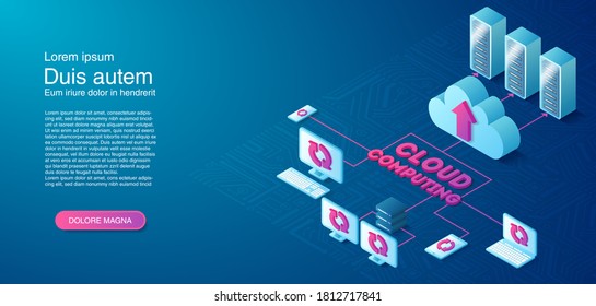 Cloud computing concept. Cloud storage server isometric vector illustration. Modern cloud technology banner background.