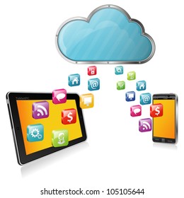 Cloud Computing Concept - Cloud with Tablet PC, Smartphone and application icons, vector illustration