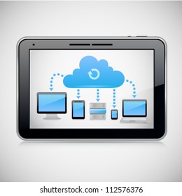 Cloud computing concept in Tablet PC interface. Image contains transparency in reflection - you can put them on every surface. 10 EPS