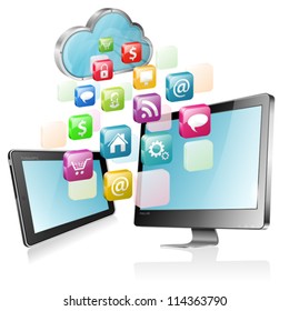 Cloud Computing Concept - Cloud with Tablet PC, Full HD Monitor and application icons, vector illustration