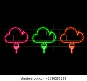 Conceito de computação em nuvem. Data center de tecnologia no serviço em nuvem. Ilustração de renderização 3D. Estilo neon. cor rosa.