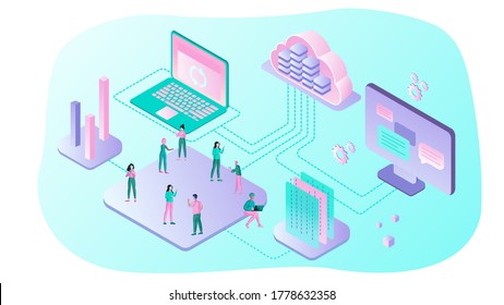 Cloud Computing Concept. Cloud computing technology users network configuration isometric advertisement poster. Big data flow processing concept, cloud database. Cloud Technology illustration.  