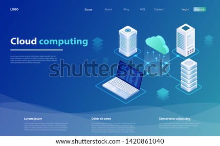 Cloud Computing Concept. Cloud computing technology users network configuration isometric advertisement poster. Big data flow processing concept, cloud database. Cloud Technology illustration.
