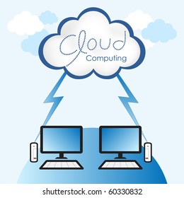 Cloud computing concept. Thin client computers communicating with resources located in the "cloud".