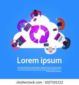 Cloud Computing Concept Top View Of Group Of People Using Different Gadgets Flat Vector Illustration