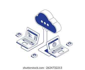 Conceito de computação em nuvem. Dois laptops conectados à rede em nuvem com código de programação e janelas do navegador. Desenvolvimento web moderno e transferência de dados. Ilustração de vetor de contorno de linha isométrica