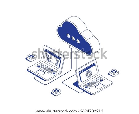 Cloud computing concept. Two laptops connected to cloud network with programming code and browser windows. Modern web development and data transfer. Isometric line contour vector illustration