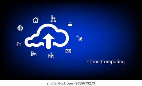 Cloud computing concept with upload icon and digital communication symbols on a blue tech background