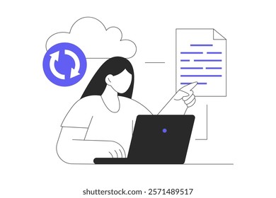 Cloud computing concept. Using online sync service, downloading digital document files for backup with internet protection, sharing content. Flat Cartoon Vector Illustration, icon. Stylish abstract