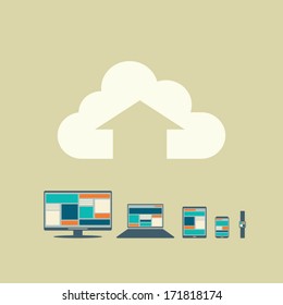 Cloud computing concept vector illustration with cloud upload icon and devices. Eps10 vector illustration