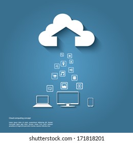 Cloud computing concept vector illustration with cloud upload icon and devices. Eps10 vector illustration