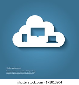 Cloud computing concept vector illustration with cloud upload icon and devices. Eps10 vector illustration