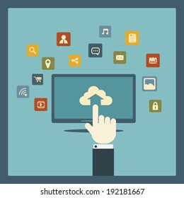 Cloud computing concept vector illustration with applications icons and computer. Eps10 vector illustration