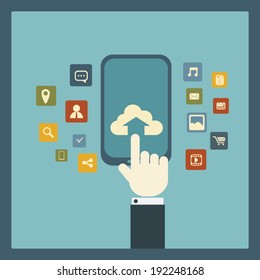 Cloud computing concept vector illustration with applications icons and tablet or smartphone. Eps10 vector illustration