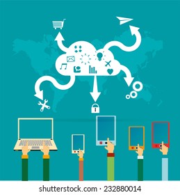 Cloud computing concept vector illustration with applications icons and devices. Eps10 vector illustration