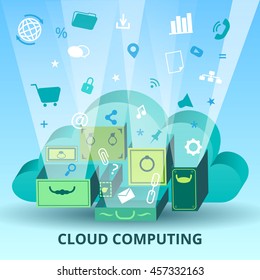 Cloud computing concept. Vector illustration with cloud, a lot of lockers and icons
