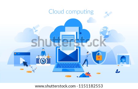 Cloud computing Concept for web page, banner, presentation, social media, documents, cards, posters. Vector illustration devices connected onto a cloud data storage, Web Technology
