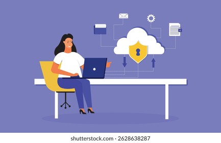 Conceito de computação em nuvem. Mulher trabalha no computador, carrega arquivos para proteger o armazenamento na nuvem e usa o serviço de banco de dados