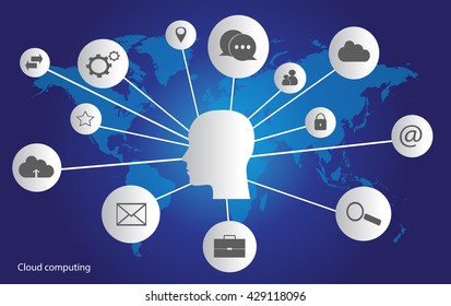 Cloud computing concept with world map interface with human head