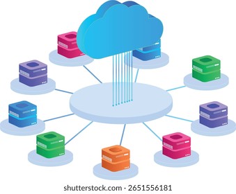 Cloud Computing. A cloud connected to various servers through a network of lines, with clear space around the graphic for text and transparent background. Isometric design for Data center concept