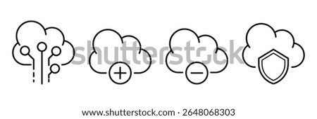 Cloud computing connection add remove shield technology icon vector illustration line art design for secure digital storage system interface.