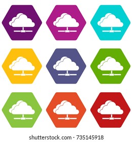 Cloud computing connection icon set many color hexahedron isolated on white vector illustration