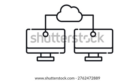 Cloud computing connection icon: two desktop computers synced via cloud network, black line vector illustration.