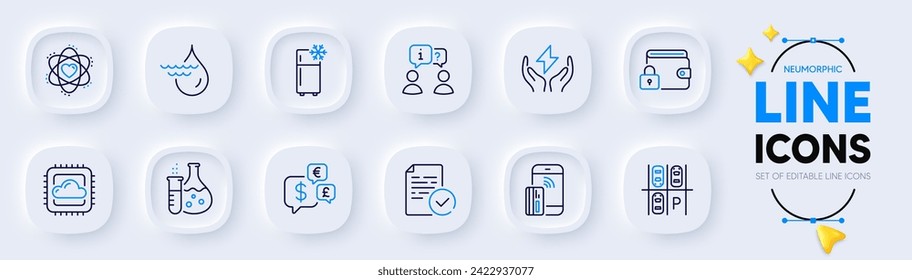 Cloud computing, Contactless payment and Chemistry flask line icons for web app. Pack of Hydroelectricity, Money currency, Atom pictogram icons. Compliance, Parking place, Safe energy signs. Vector