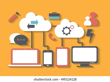 Cloud computing with copmuter devices and social media icons flat design