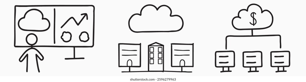 Cloud computing cost efficiency server concept. Illustrated with graphs, buildings, and network connections.
