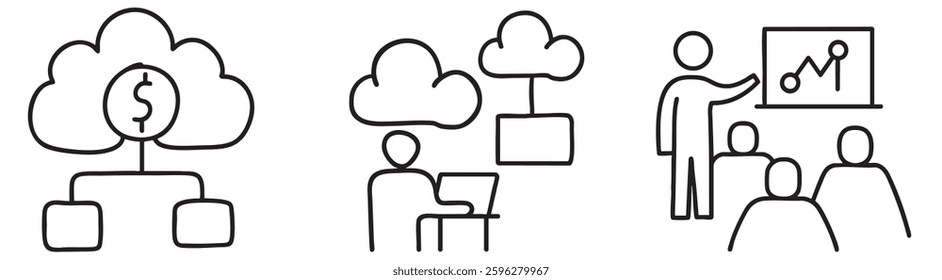 Cloud computing cost efficiency server concept. Illustration of financial growth, and business training.