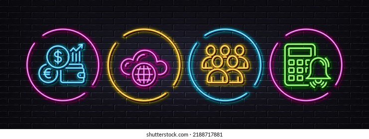 Cloud computing, currency rate y Group iconos de línea mínimos. Luces 3d láser neón. Iconos de la alarma de la calculadora. Para web, aplicación, impresión. Almacenamiento de Internet, Intercambio financiero, Desarrolladores. Vector
