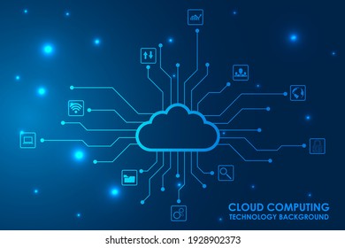 Cloud Computing, Cyber Technology Background, Internet Data Storage, Database And Mobile Server Concept, Cloud Computing Network With Internet Icons. Vector Illustration