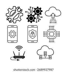 Cloud Computing and Cybersecurity Icons – Mobile Settings, Data Chip, WiFi Router, Gear, Upload Cloud Vector Set