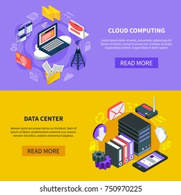 Cloud computing and data center horizontal banners with hardware used for data exchange technology and storage service isometric vector illustration 