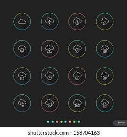 Cloud computing and data center Icons with color circle on black background - Vector illustration