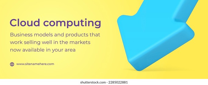 Cloud computing data downloading uploading blue down arrow social media banner 3d icon vector illustration. Datum transferring storage digital service datacenter connection hosting system technology