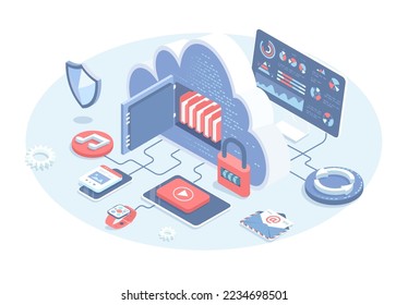 Cloud computing, data processing center, cloud database. Secure connection. Vector illustration in 3d design. Isometric web banner.	
