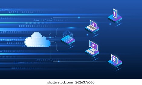 Cloud computing and data protection concept with connected devices. Isometric design showing secure data exchange between cloud, laptops, servers, and mobile devices.
