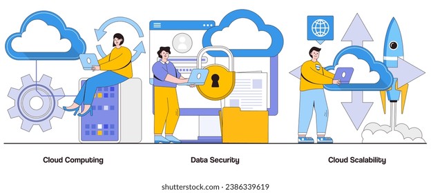 Cloud computing, data security, cloud scalability concept with character. Business cloud abstract vector illustration set. Cloud integration, data privacy, seamless accessibility metaphor.