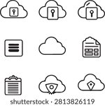 Cloud Computing and Data Security Vector Icon Set, Secure Cloud Storage and Document Management Outline Clipart Bundle, Black Line Art File Protection Illustration for Web UI