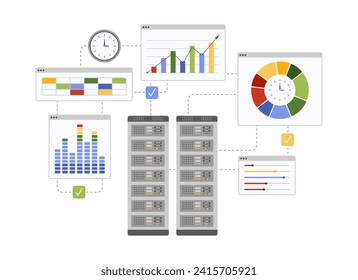 Cloud computing, data storage and analytics system based on server. Diagram and chart presentation report, access to digital finance information for analysis and research cartoon vector illustration