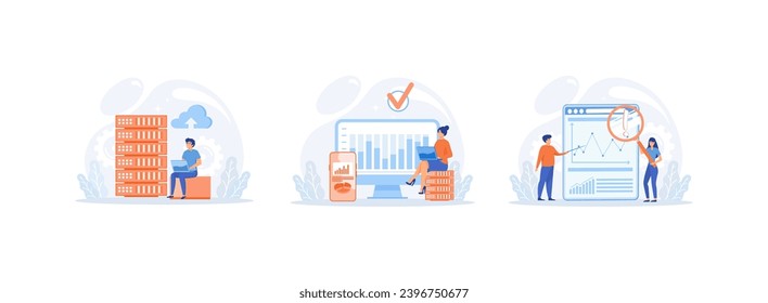 Cloud computing, data storage and backup, , online database storage technology. Cloud Computing set flat vector modern illustration