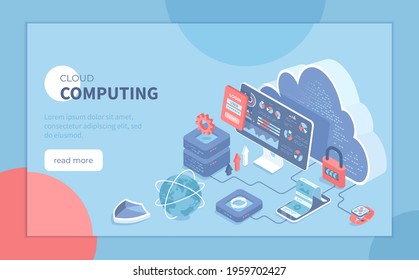 Cloud computing, data storage, database system. Cloud storage server, data backup and exchange. Secure communication process. Isometric vector illustration for poster, presentation, banner, website.
