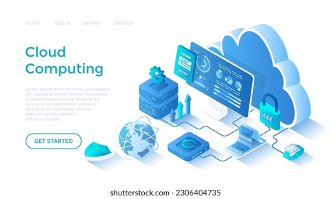 Cloud computing, data storage, database system. Cloud storage server, data backup and exchange. Secure communication process. Isometric illustration. Landing page template for web on white background.