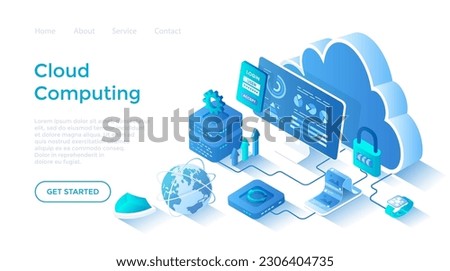 Cloud computing, data storage, database system. Cloud storage server, data backup and exchange. Secure communication process. Isometric illustration. Landing page template for web on white background.