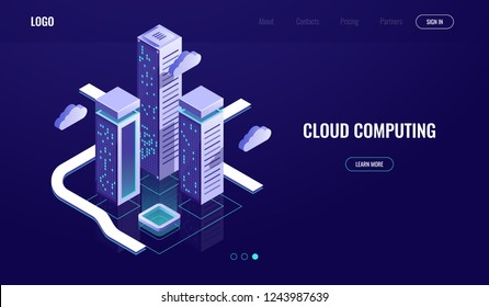 Cloud computing, cloud data storage isometric concept, modern digital urban city, data road, industry 4.0 dark neon vector